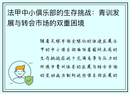 法甲中小俱乐部的生存挑战：青训发展与转会市场的双重困境