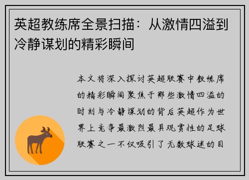 英超教练席全景扫描：从激情四溢到冷静谋划的精彩瞬间