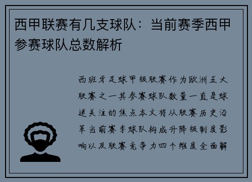 西甲联赛有几支球队：当前赛季西甲参赛球队总数解析